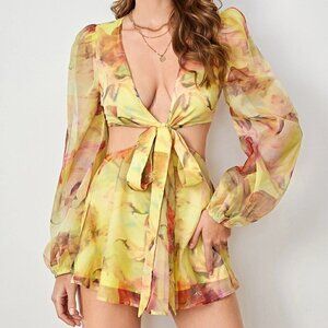Multicolor Boho Lantern Sleeve Knot Cutout Waist Chiffon Romper
